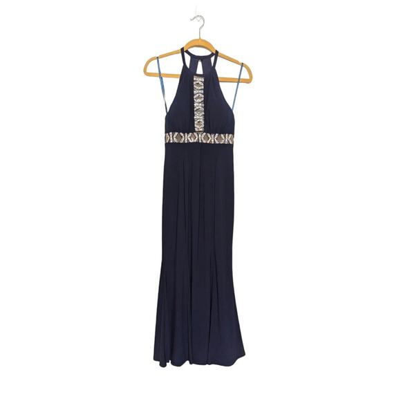 XSCAPE Crystal Embellished Halter Cut Out Dress Navy Blue Womens 8 Prom Formal - Picture 2 of 5
